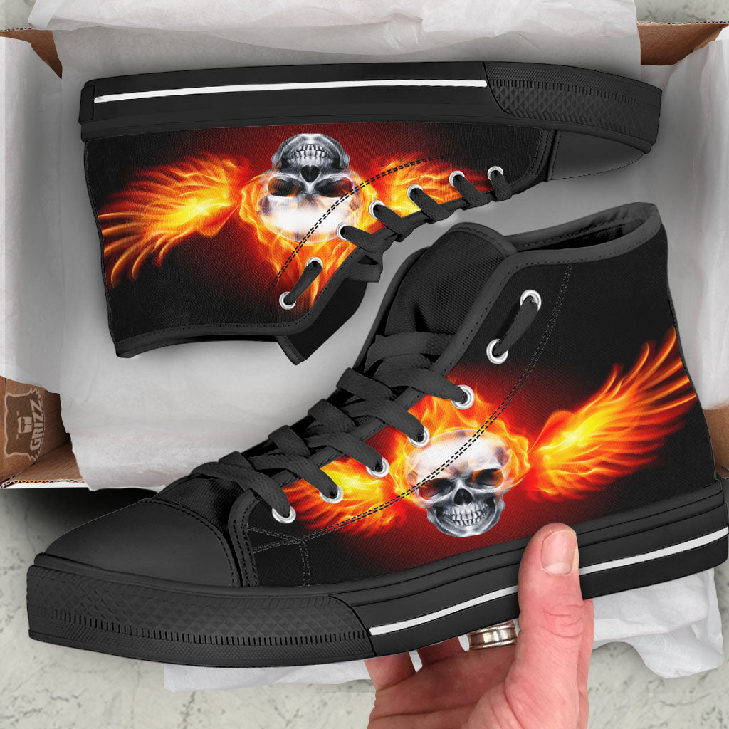 Fire Wings With Flaming Skull Print Black High Top Shoes-grizzshop