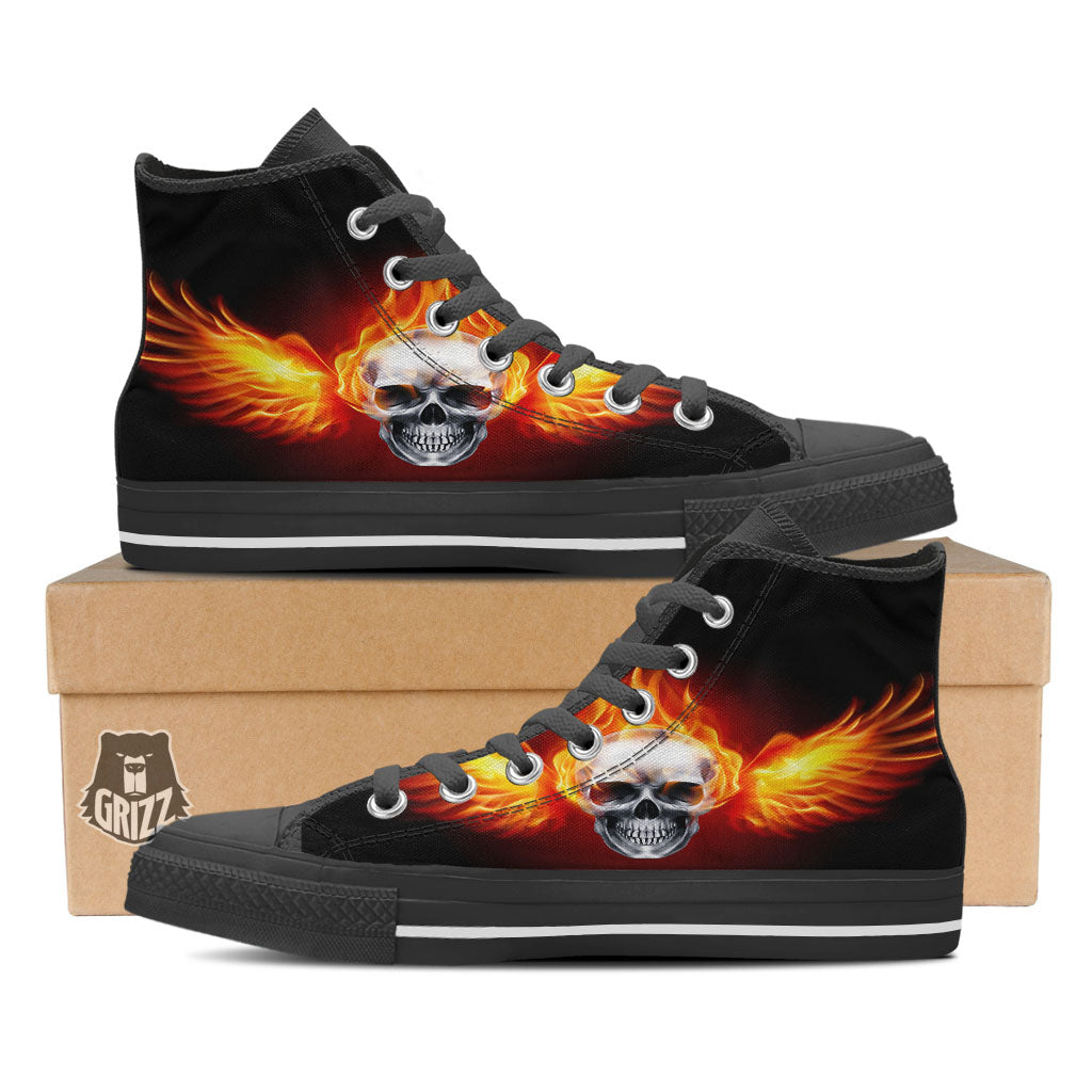Fire Wings With Flaming Skull Print Black High Top Shoes-grizzshop