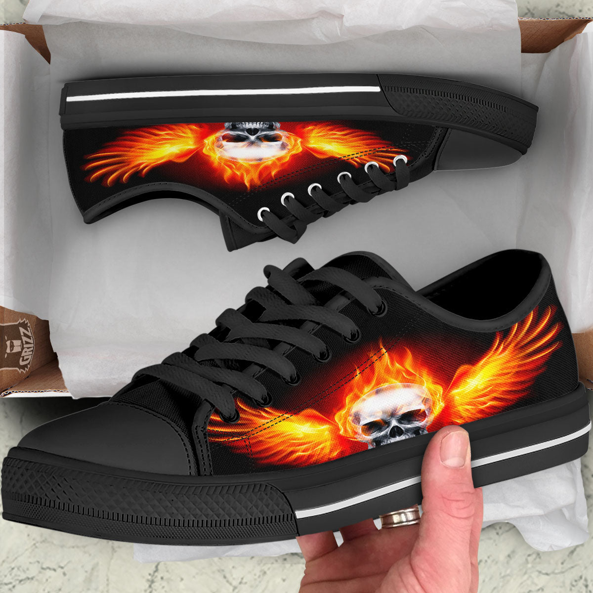 Fire Wings With Flaming Skull Print Black Low Top Shoes-grizzshop