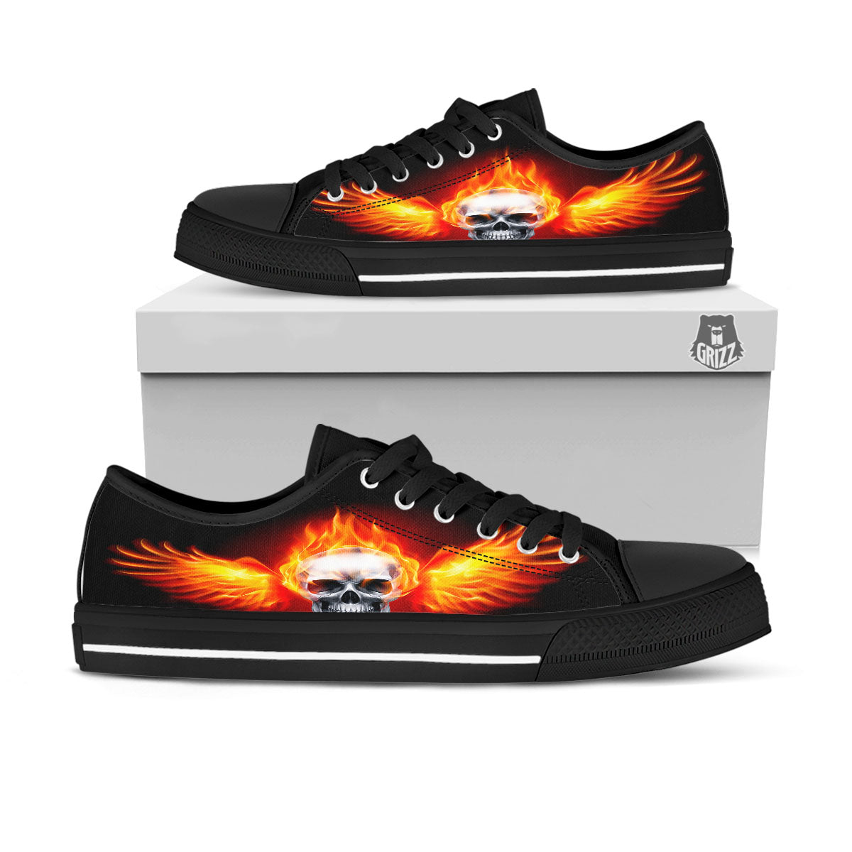 Fire Wings With Flaming Skull Print Black Low Top Shoes-grizzshop
