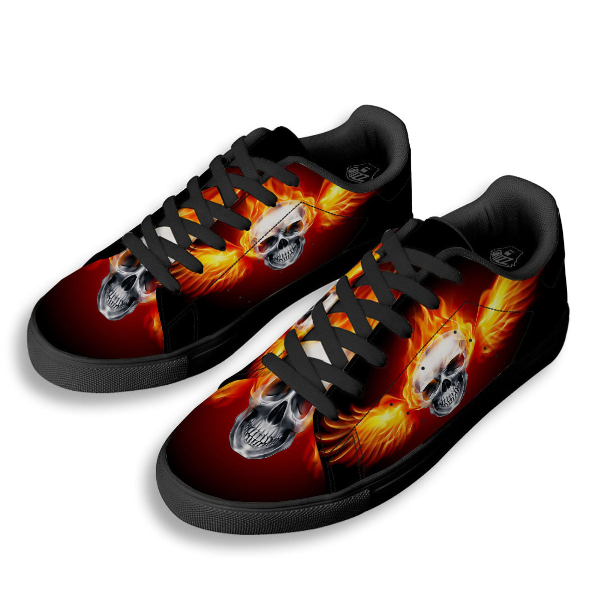 Fire Wings With Flaming Skull Print Black Low Top Sneakers-grizzshop