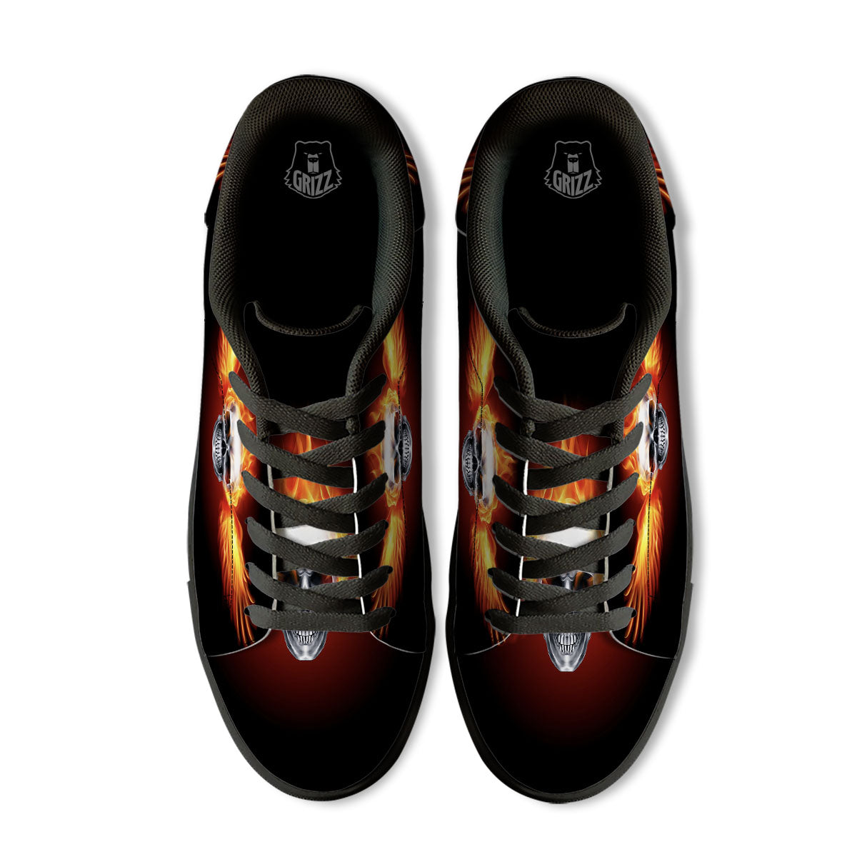 Fire Wings With Flaming Skull Print Black Low Top Sneakers-grizzshop