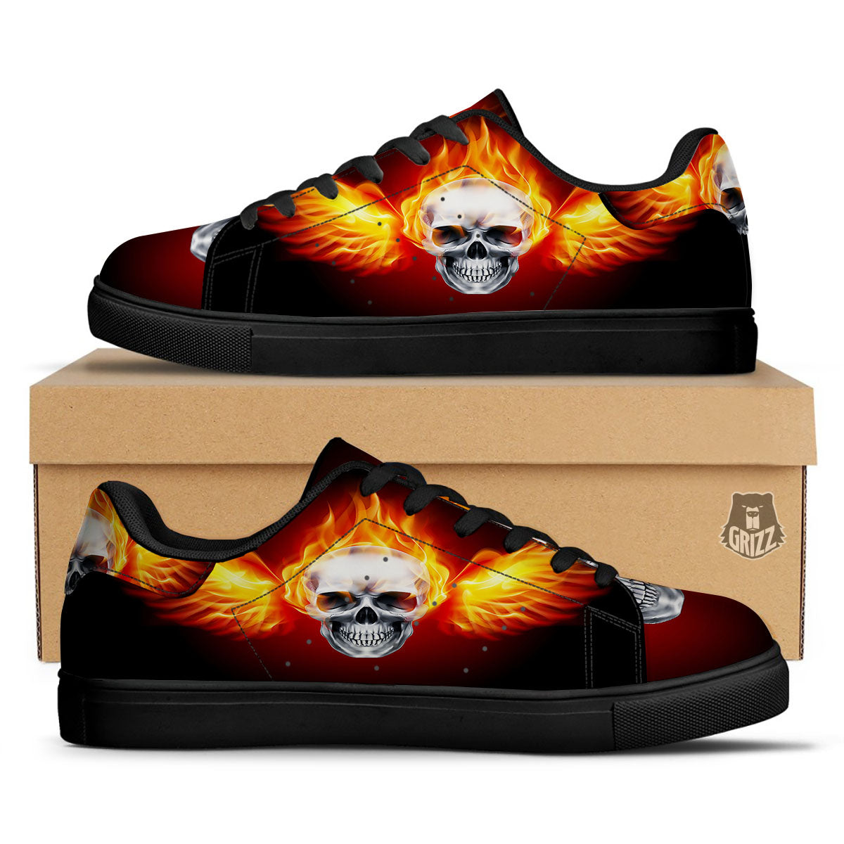 Fire Wings With Flaming Skull Print Black Low Top Sneakers-grizzshop