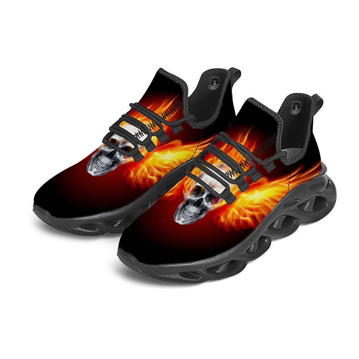 Fire Wings With Flaming Skull Print Black Running Shoes-grizzshop