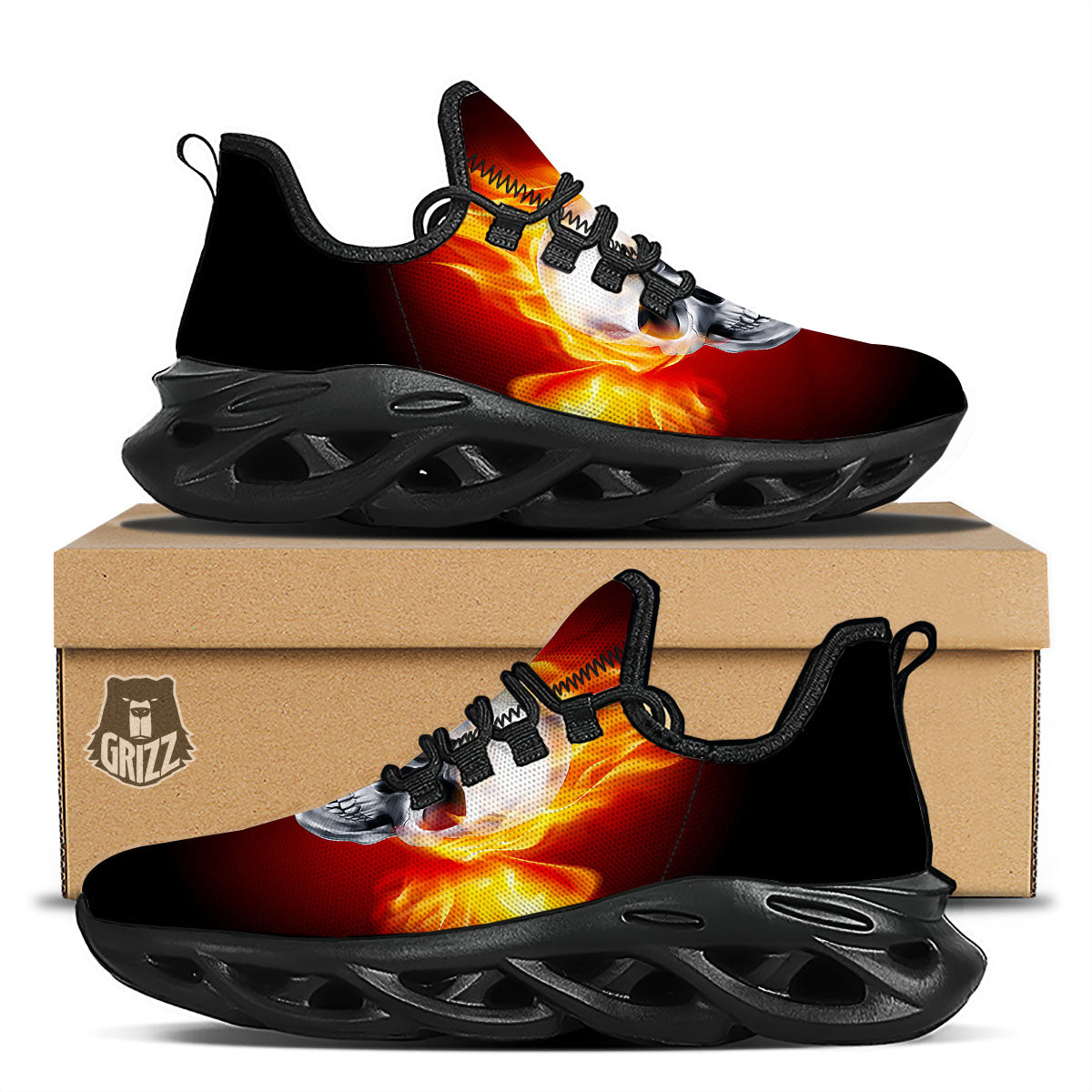 Fire Wings With Flaming Skull Print Black Running Shoes-grizzshop