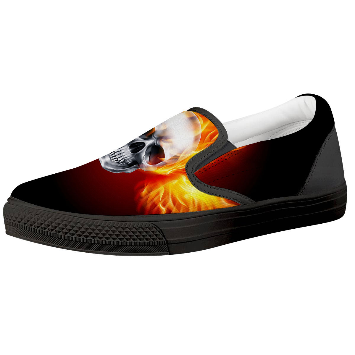Fire Wings With Flaming Skull Print Black Slip On Shoes-grizzshop