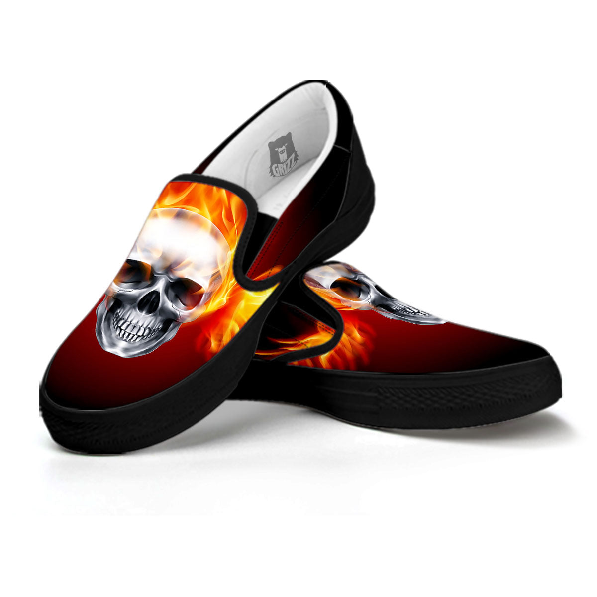 Fire Wings With Flaming Skull Print Black Slip On Shoes-grizzshop