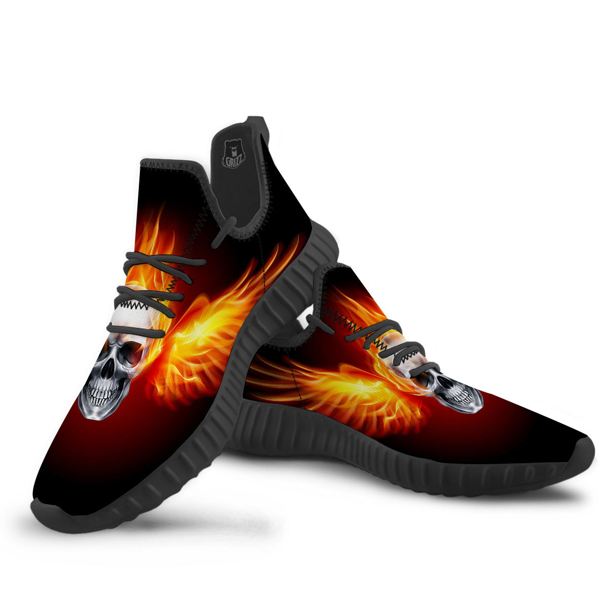 Fire Wings With Flaming Skull Print Black Walking Shoes-grizzshop