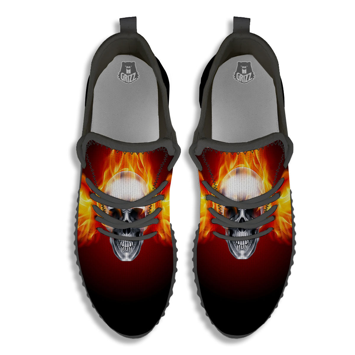 Fire Wings With Flaming Skull Print Black Walking Shoes-grizzshop