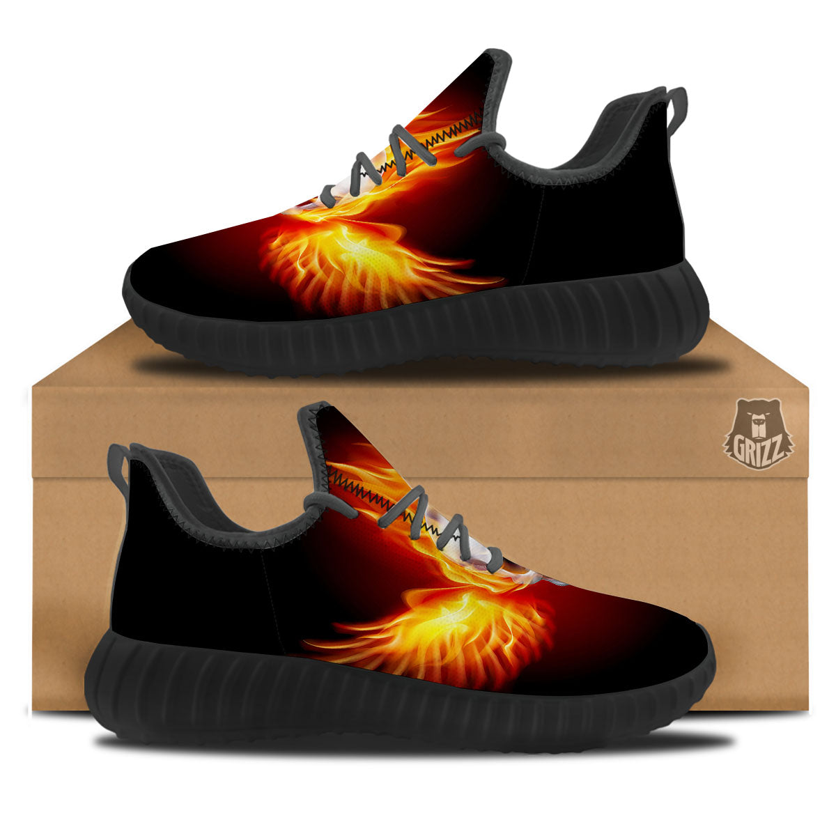 Fire Wings With Flaming Skull Print Black Walking Shoes-grizzshop