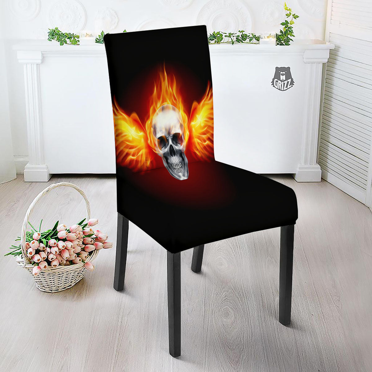 Fire Wings With Flaming Skull Print Dining Chair Slipcover-grizzshop