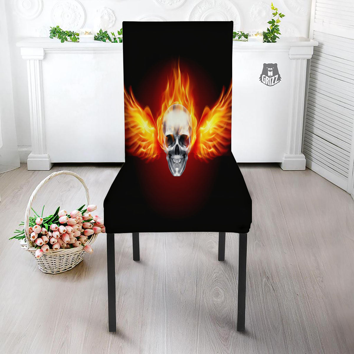 Fire Wings With Flaming Skull Print Dining Chair Slipcover-grizzshop