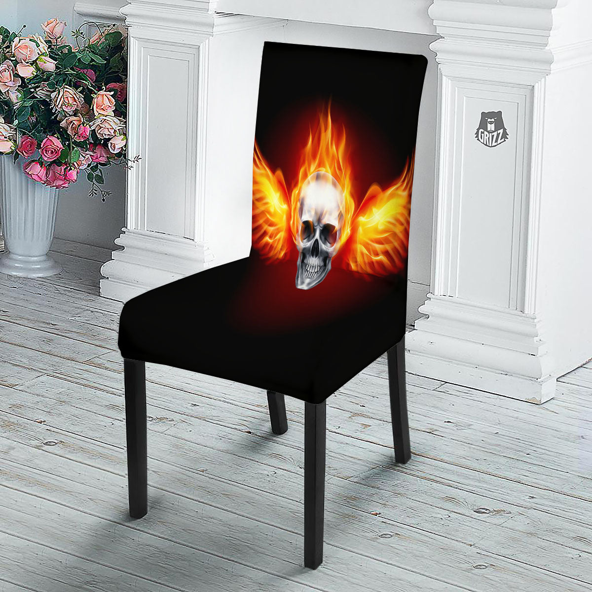 Fire Wings With Flaming Skull Print Dining Chair Slipcover-grizzshop