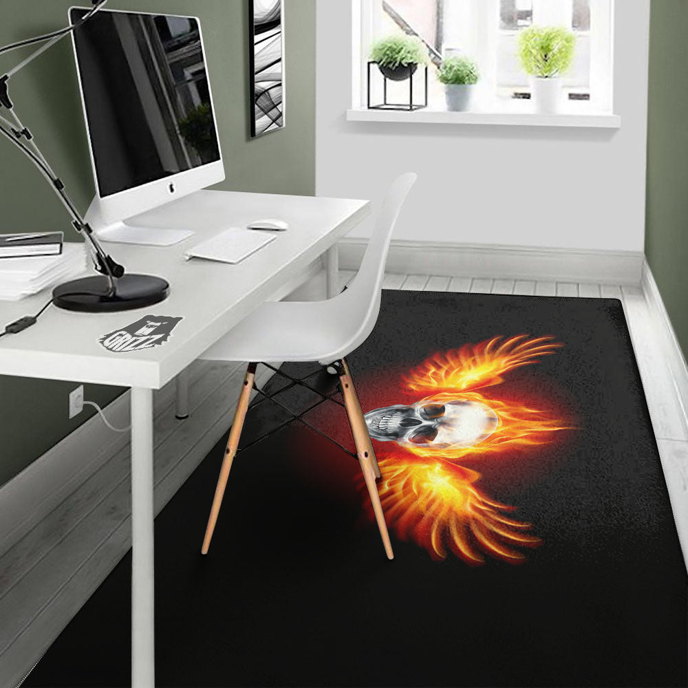 Fire Wings With Flaming Skull Print Floor Mat-grizzshop