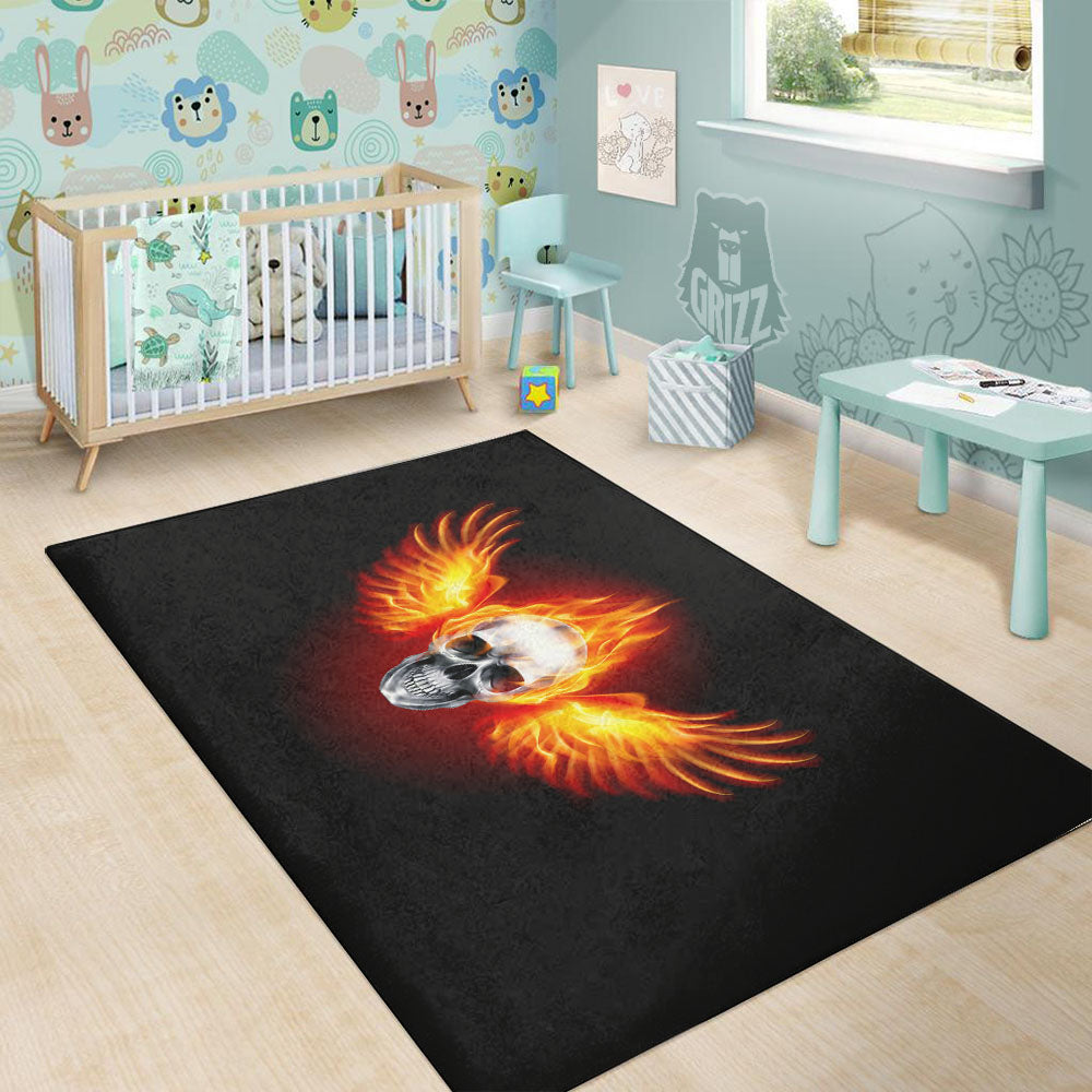 Fire Wings With Flaming Skull Print Floor Mat-grizzshop
