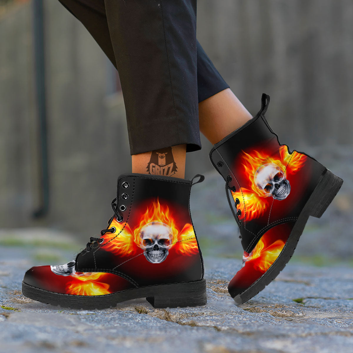 Fire Wings With Flaming Skull Print Leather Boots-grizzshop