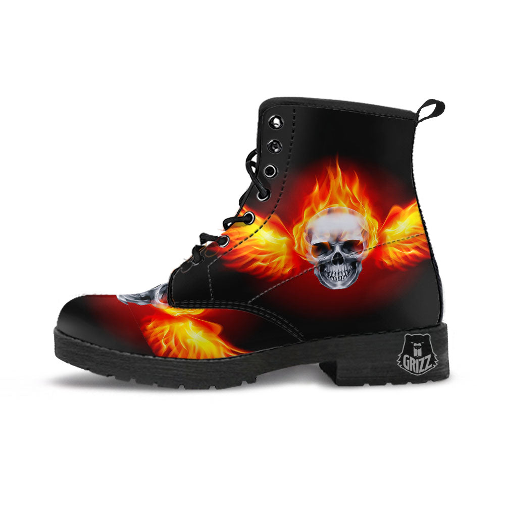 Fire Wings With Flaming Skull Print Leather Boots-grizzshop