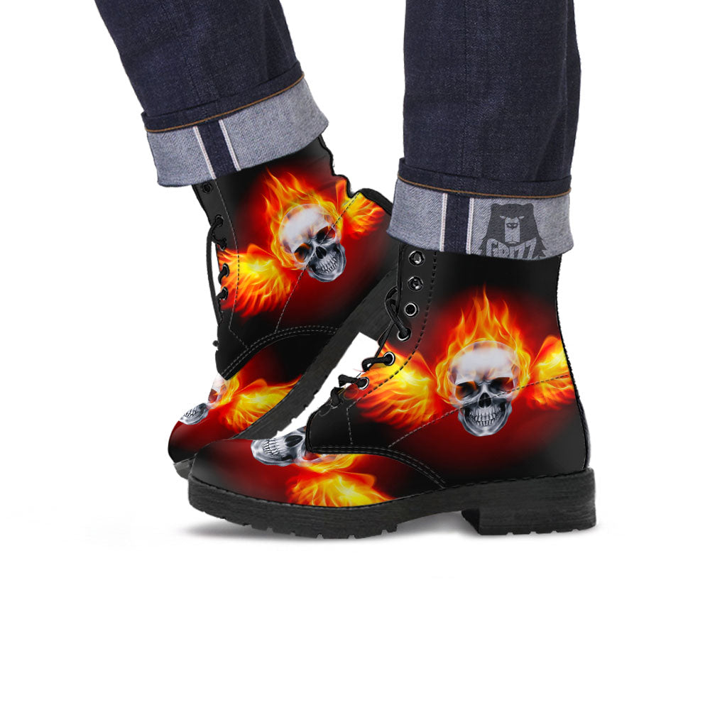 Fire Wings With Flaming Skull Print Leather Boots-grizzshop
