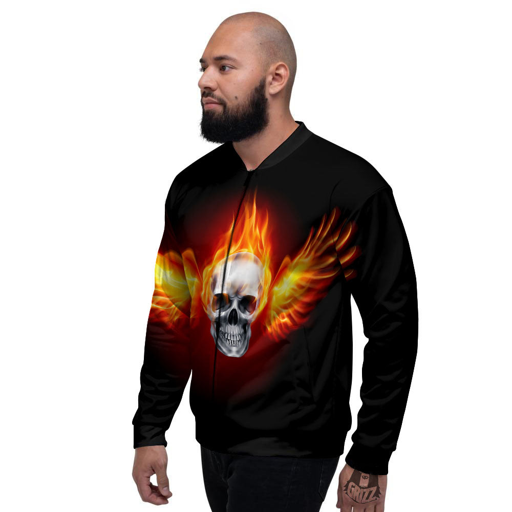 Fire Wings With Flaming Skull Print Men's Bomber Jacket-grizzshop