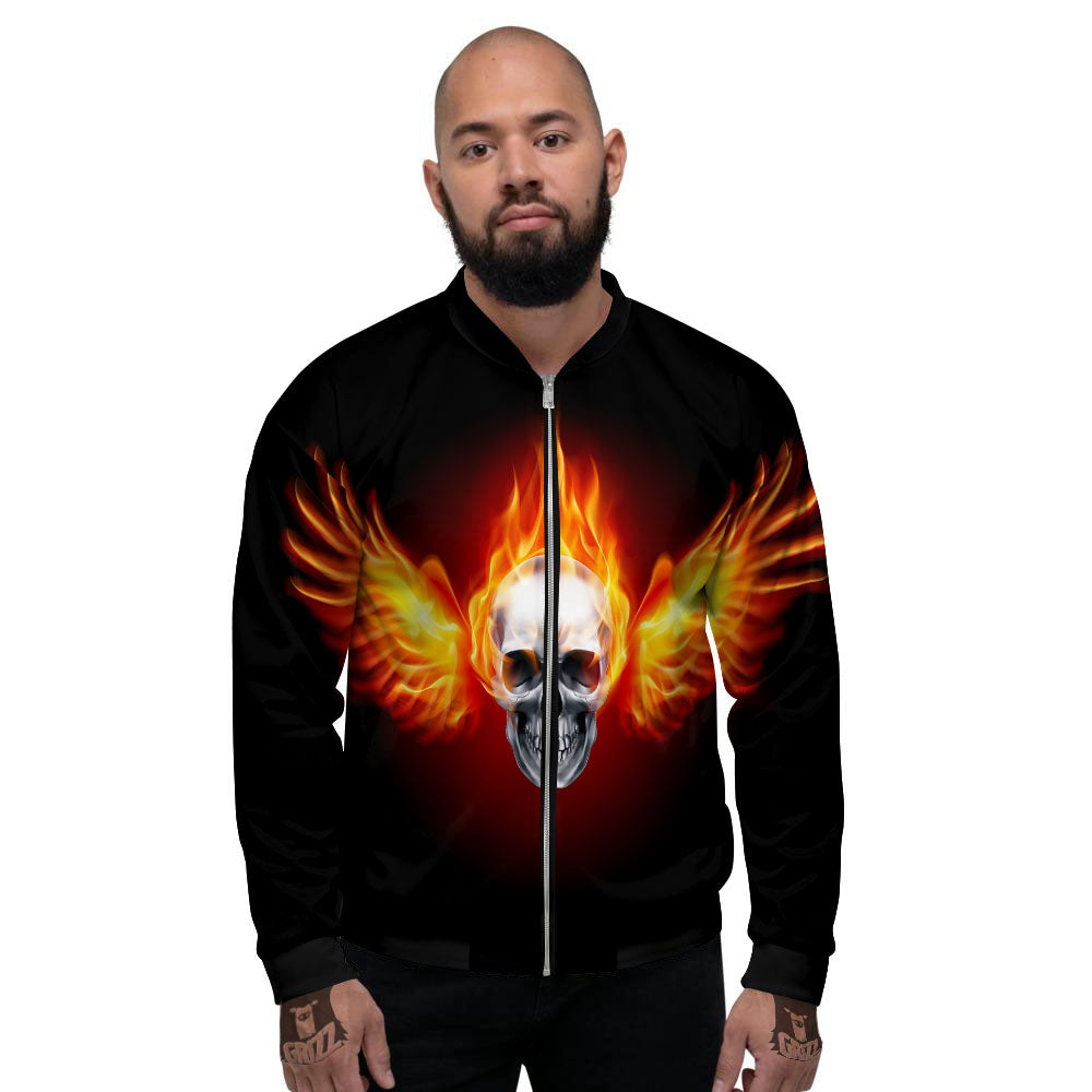 Fire Wings With Flaming Skull Print Men's Bomber Jacket-grizzshop