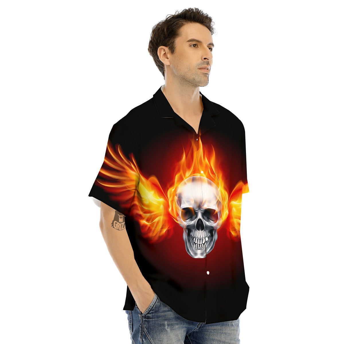 Fire Wings With Flaming Skull Print Men's Hawaiian Shirt-grizzshop