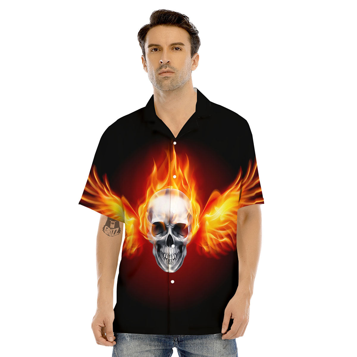 Fire Wings With Flaming Skull Print Men's Hawaiian Shirt-grizzshop
