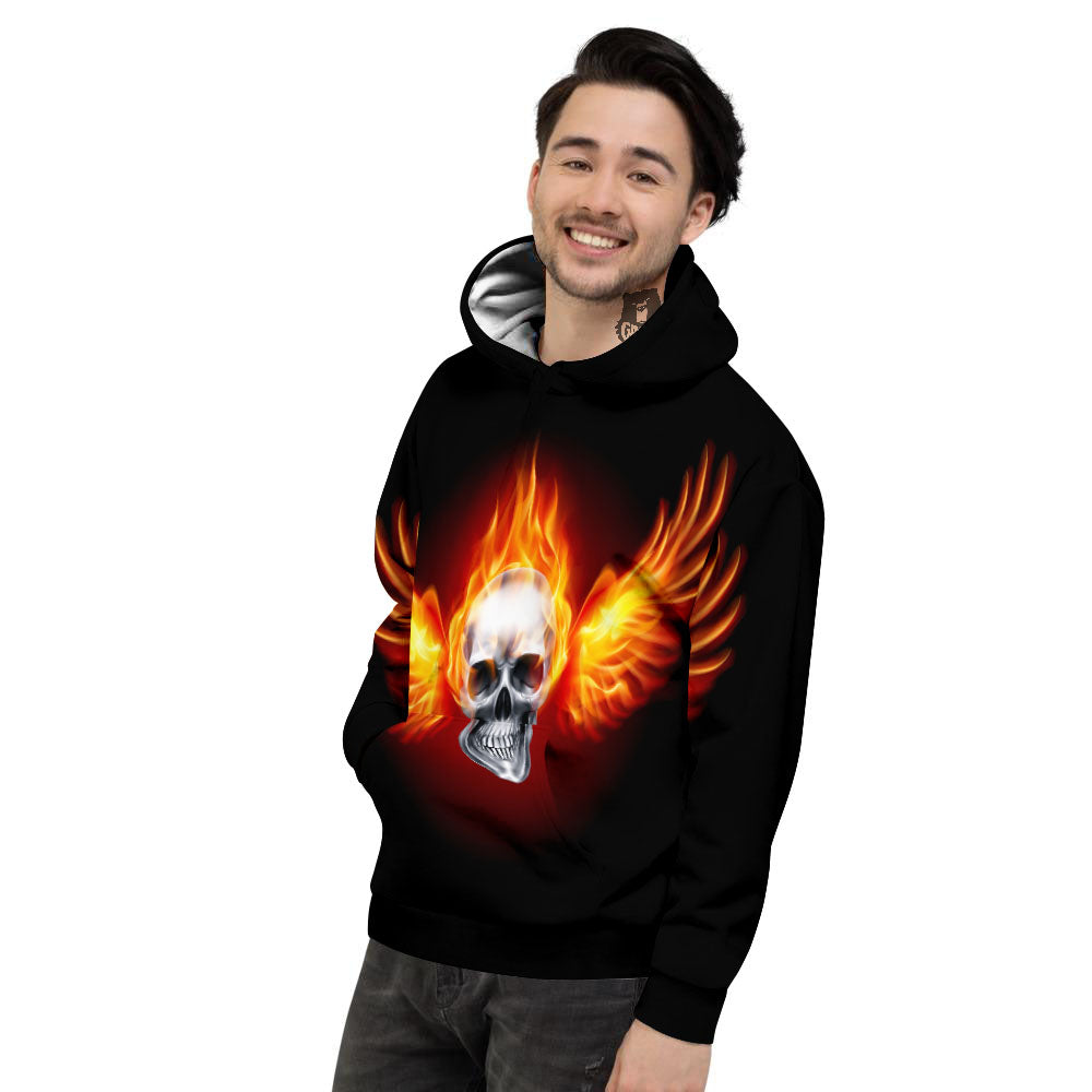 Fire Wings With Flaming Skull Print Men's Hoodie-grizzshop