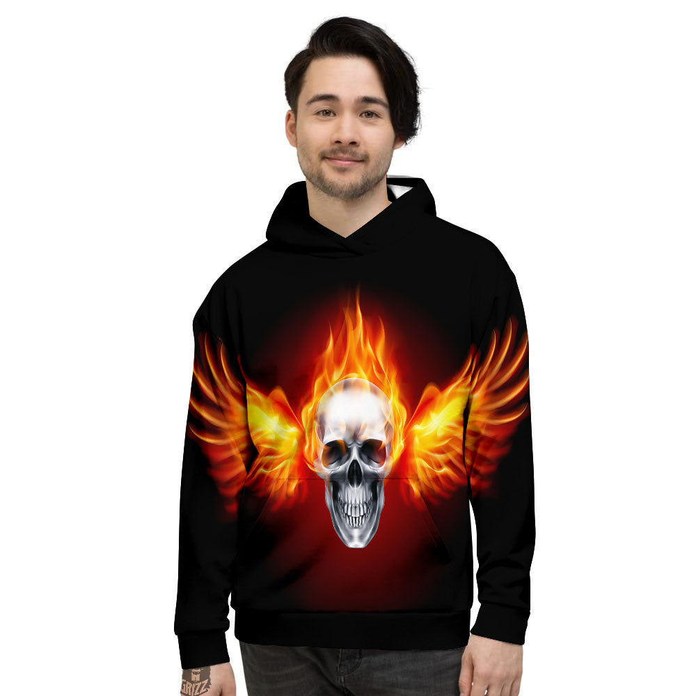 Fire Wings With Flaming Skull Print Men's Hoodie-grizzshop