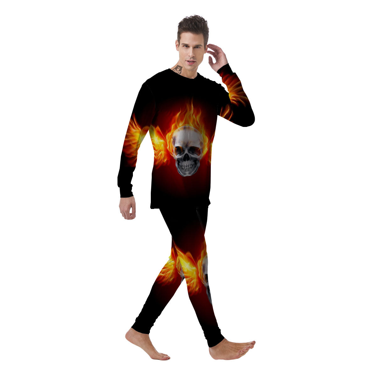 Fire Wings With Flaming Skull Print Men's Pajamas-grizzshop