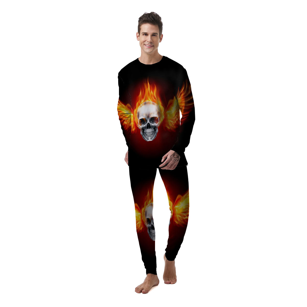 Fire Wings With Flaming Skull Print Men's Pajamas-grizzshop