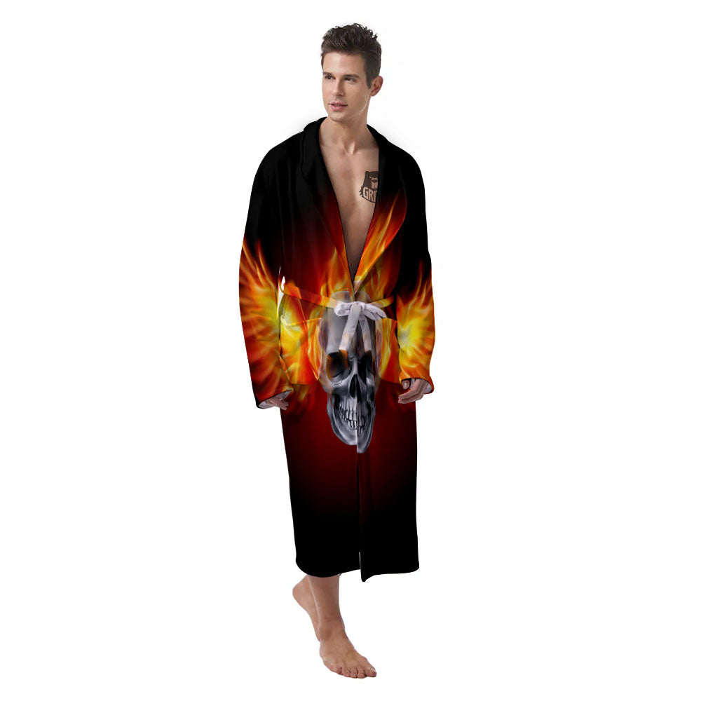Fire Wings With Flaming Skull Print Men's Robe-grizzshop