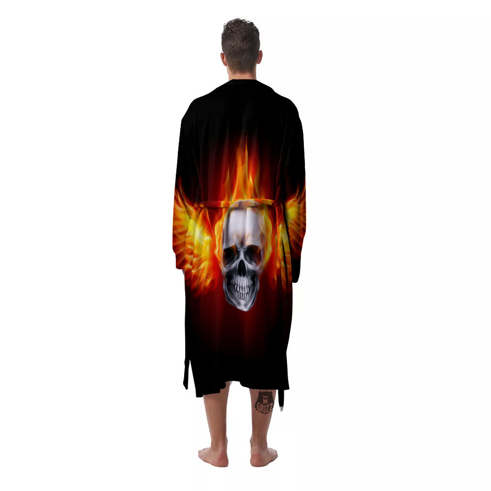 Fire Wings With Flaming Skull Print Men's Robe-grizzshop