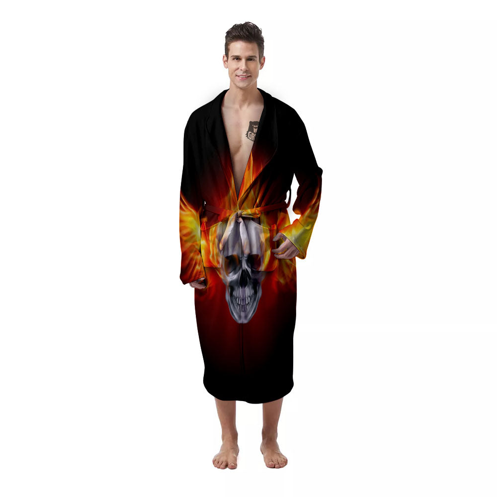 Fire Wings With Flaming Skull Print Men's Robe-grizzshop