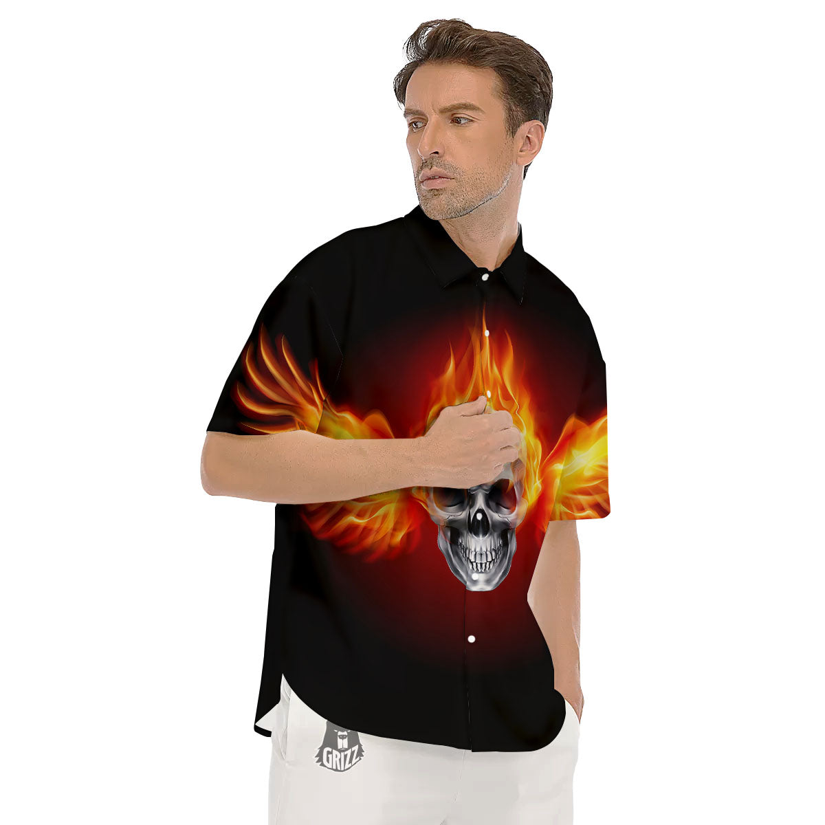 Fire Wings With Flaming Skull Print Men's Short Sleeve Shirts-grizzshop