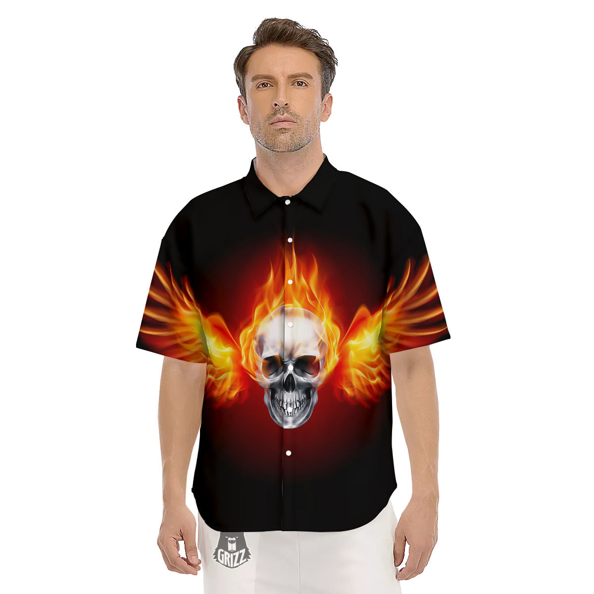 Fire Wings With Flaming Skull Print Men's Short Sleeve Shirts-grizzshop