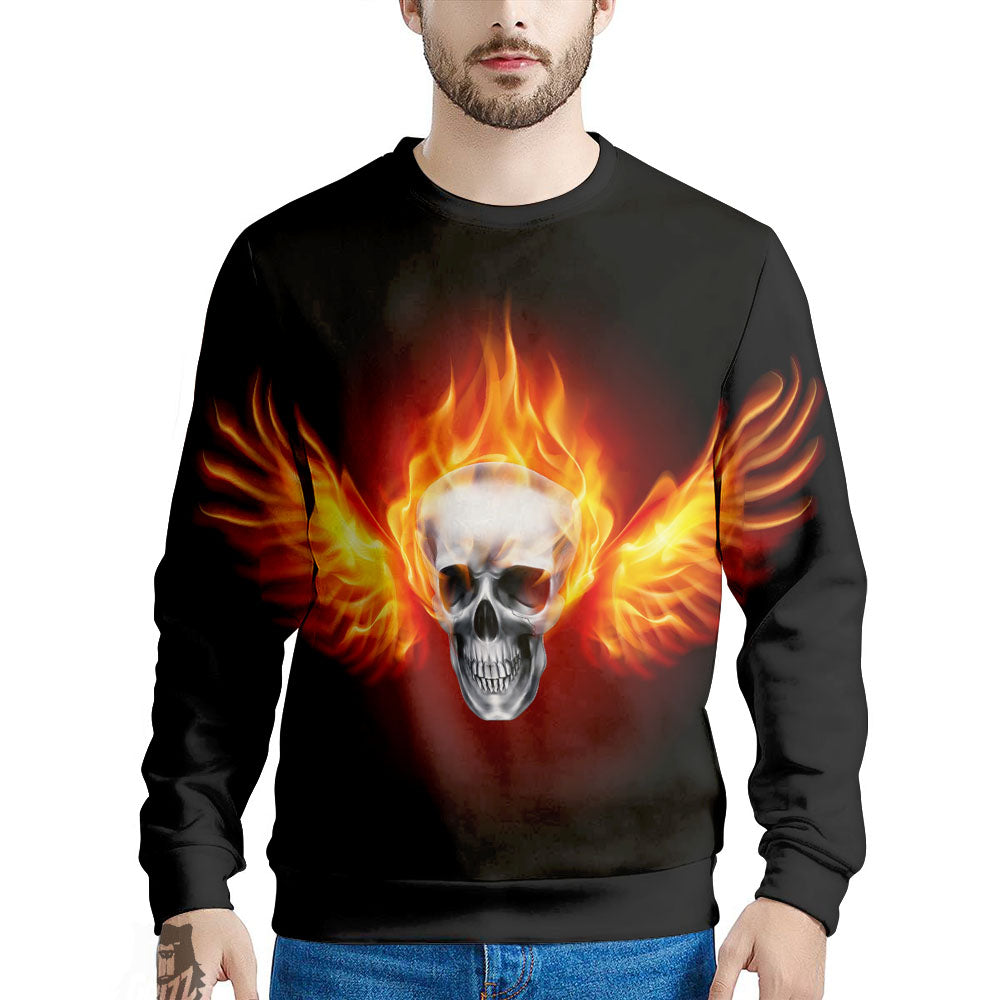 Fire Wings With Flaming Skull Print Men's Sweatshirt-grizzshop