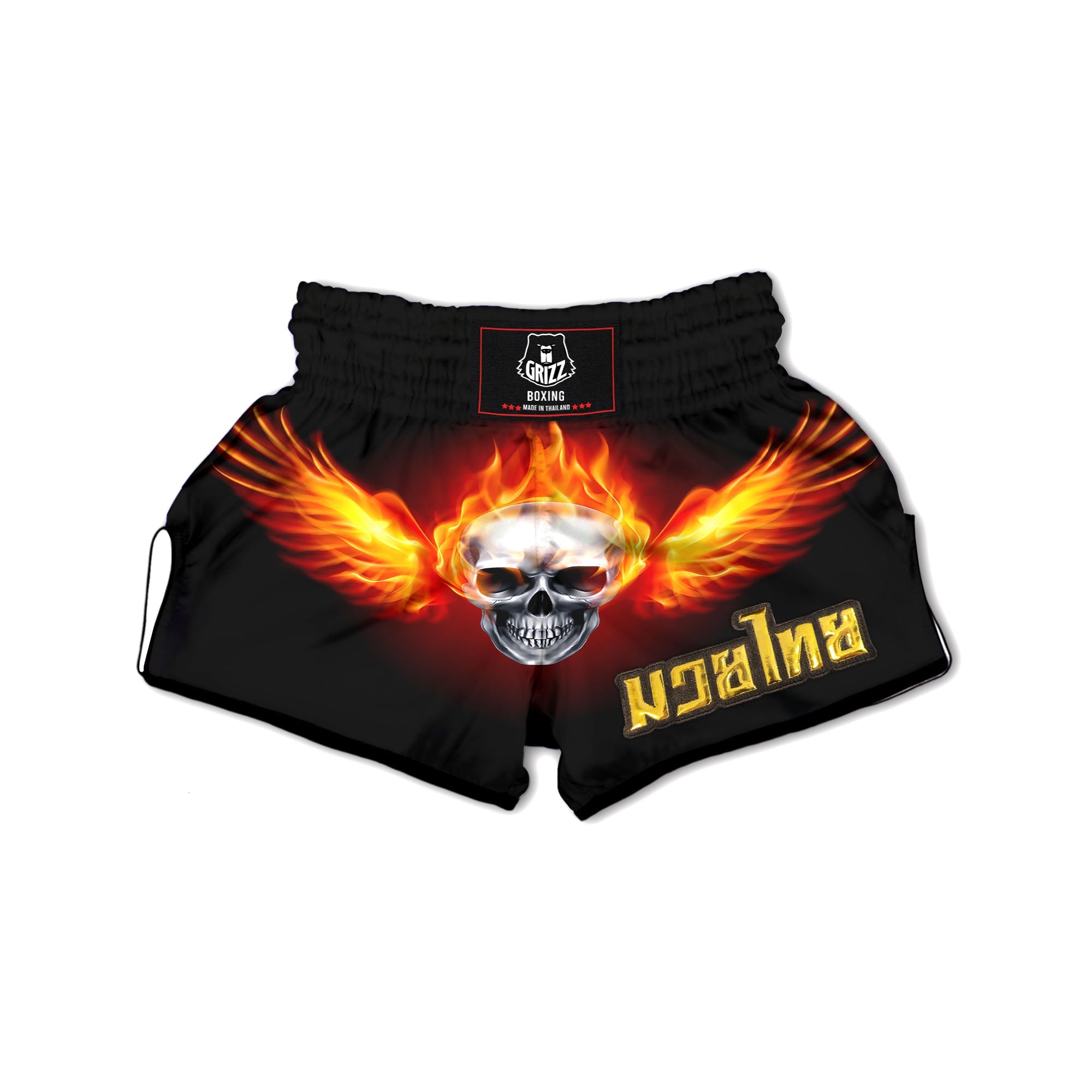 Fire Wings With Flaming Skull Print Muay Thai Boxing Shorts-grizzshop