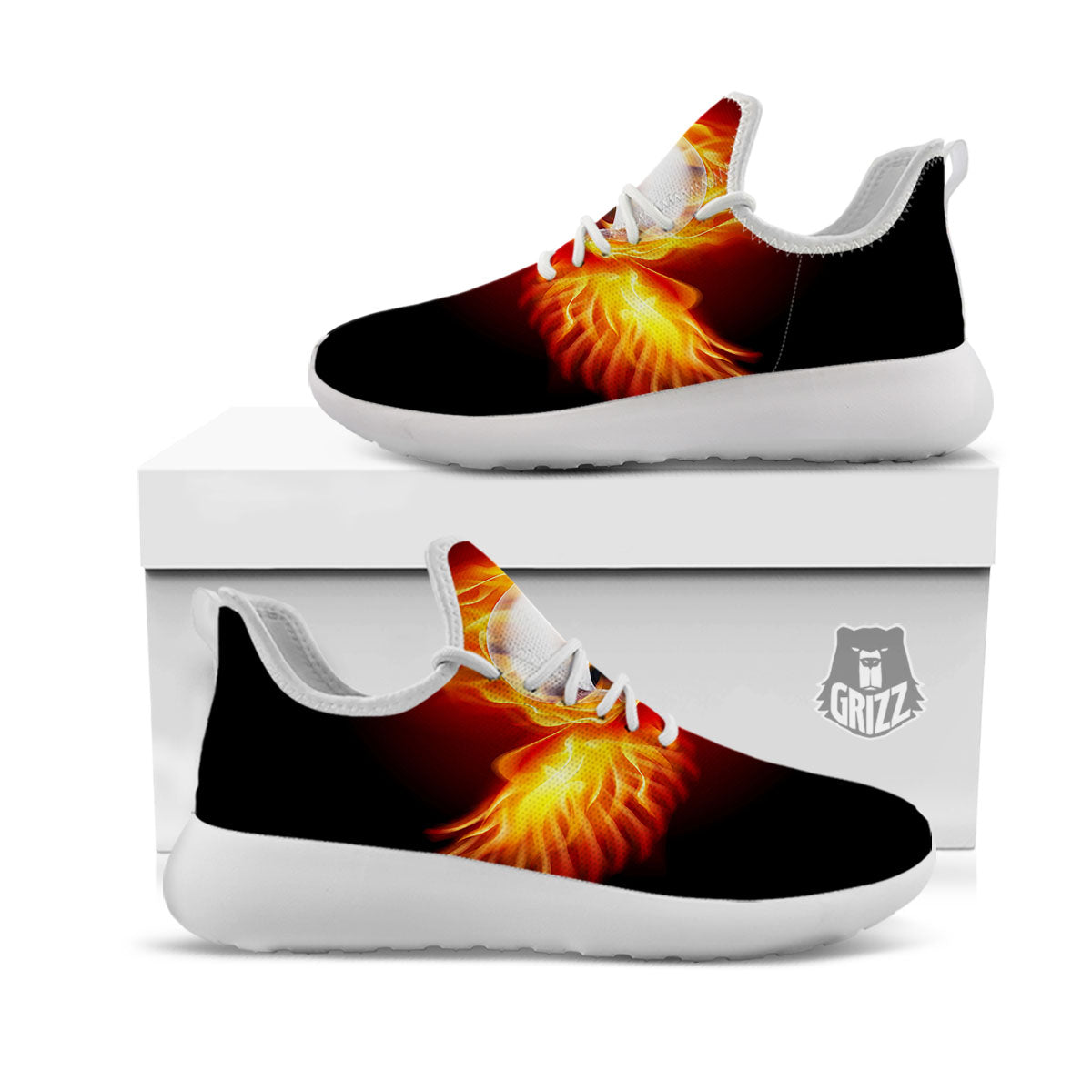 Fire Wings With Flaming Skull Print White Athletic Shoes-grizzshop