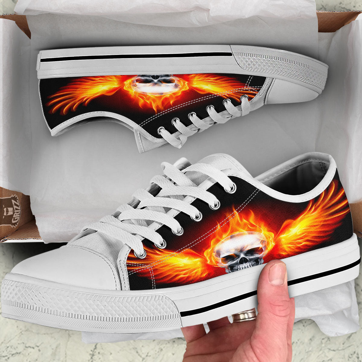 Fire Wings With Flaming Skull Print White Low Top Shoes-grizzshop