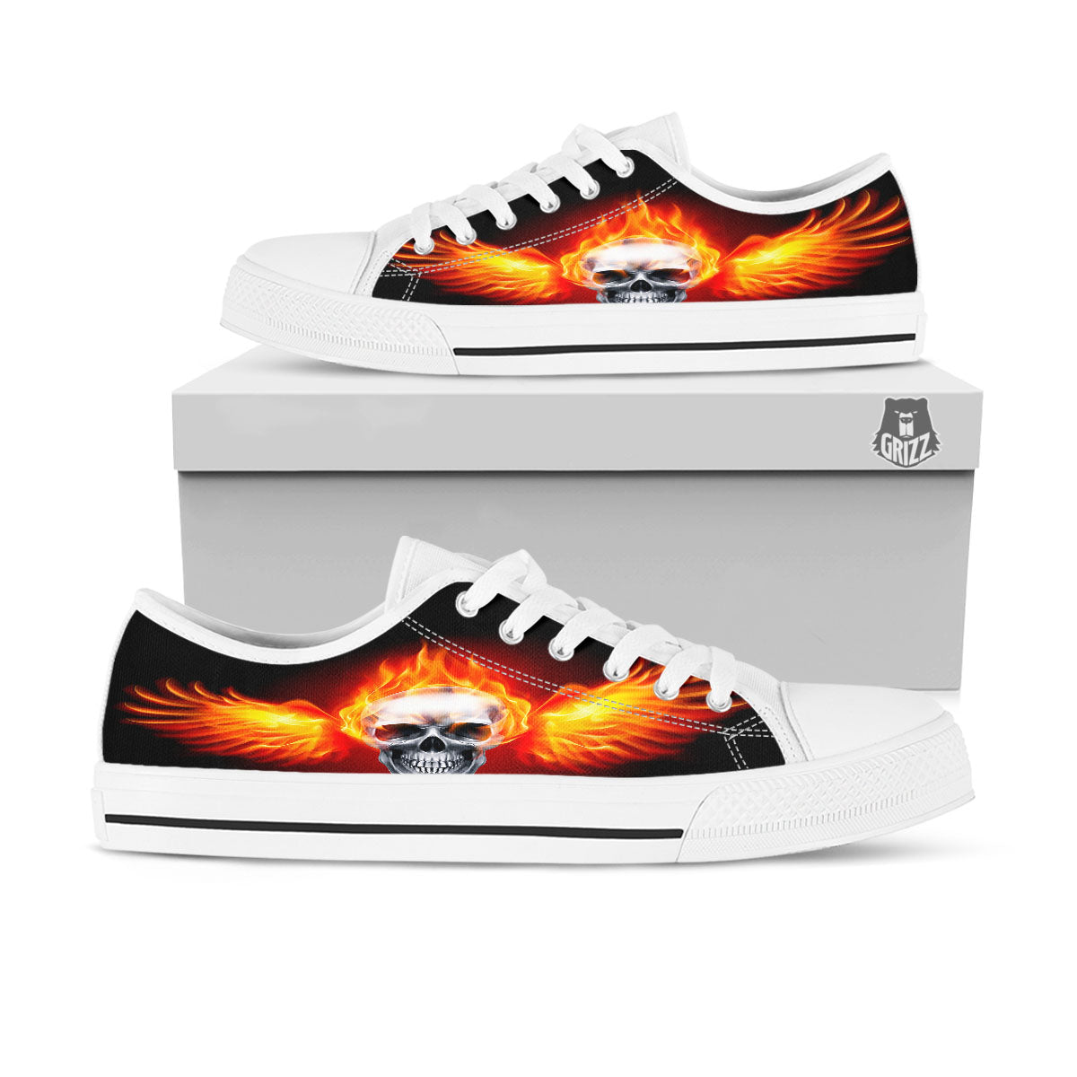 Fire Wings With Flaming Skull Print White Low Top Shoes-grizzshop