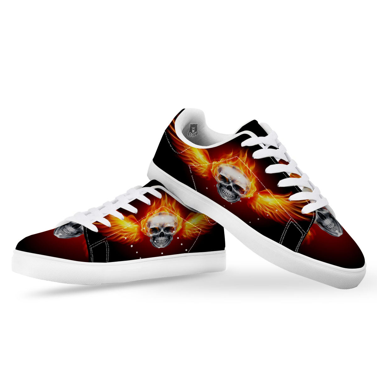 Fire Wings With Flaming Skull Print White Low Top Sneakers-grizzshop