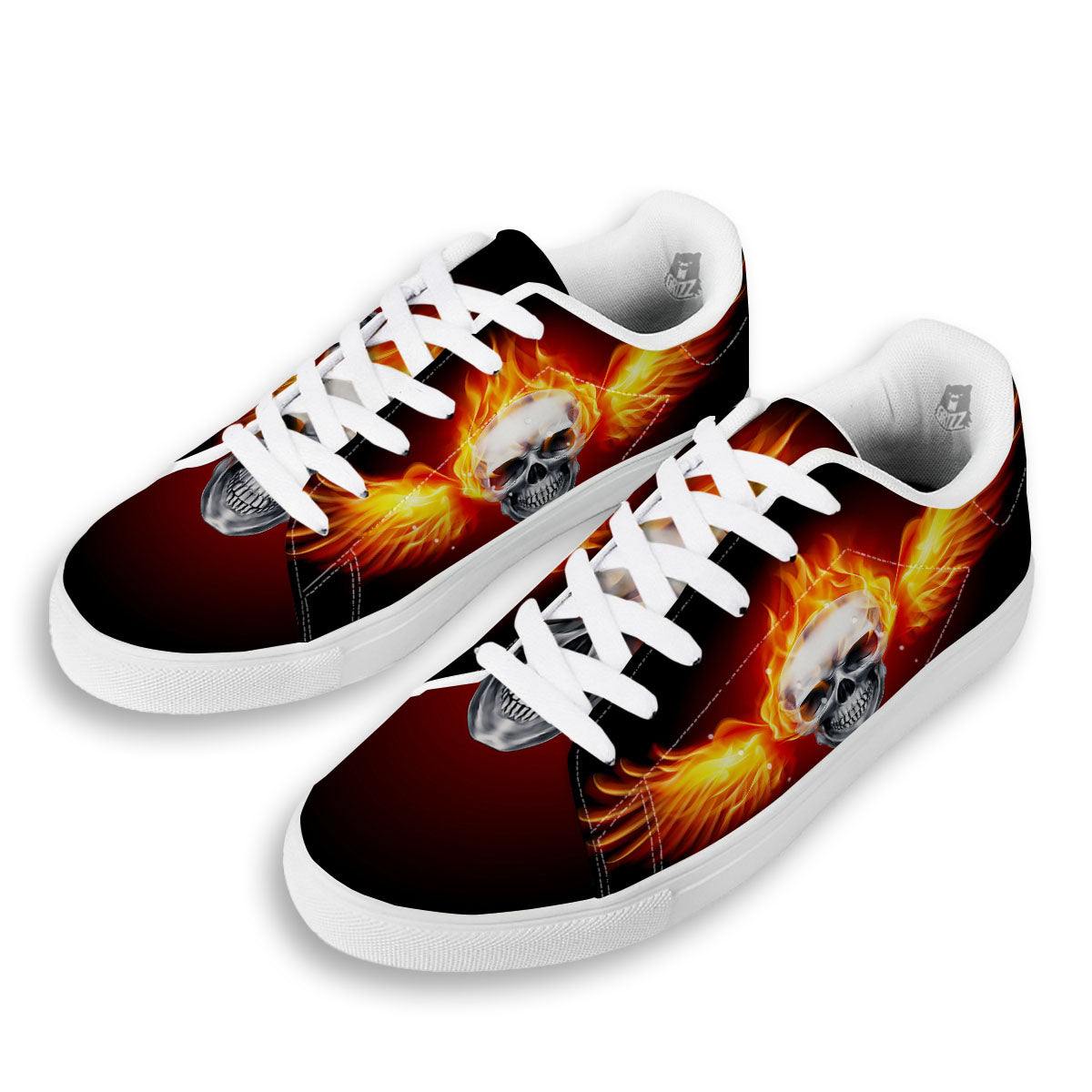 Fire Wings With Flaming Skull Print White Low Top Sneakers-grizzshop