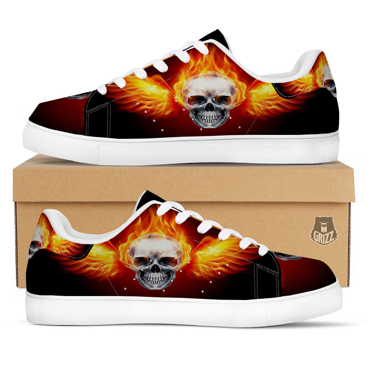 Fire Wings With Flaming Skull Print White Low Top Sneakers-grizzshop