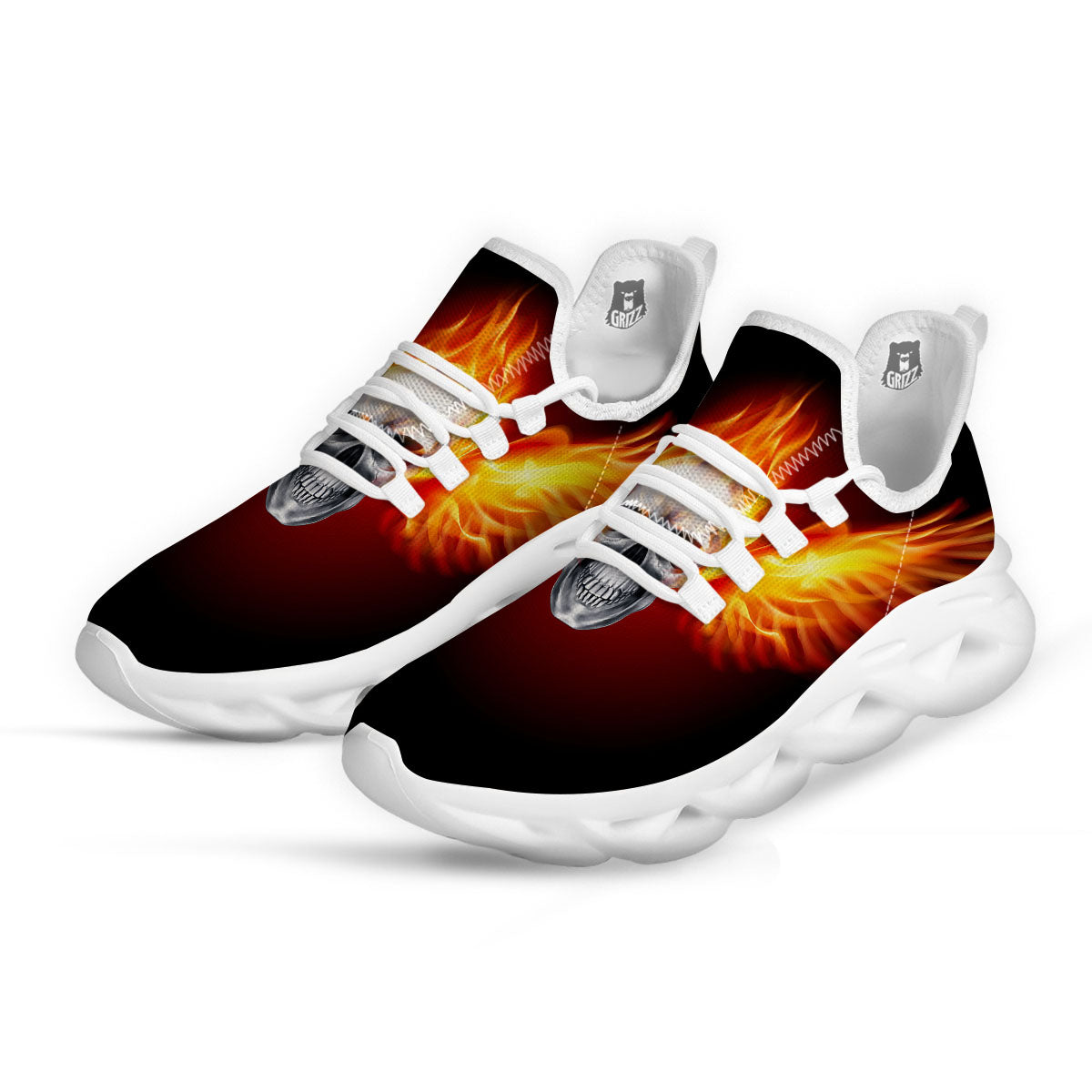 Fire Wings With Flaming Skull Print White Running Shoes-grizzshop
