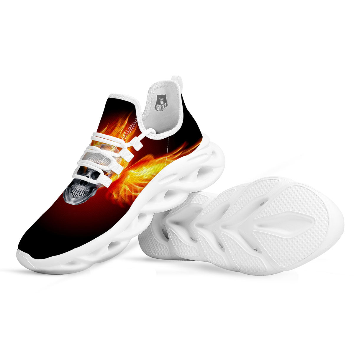 Fire Wings With Flaming Skull Print White Running Shoes-grizzshop