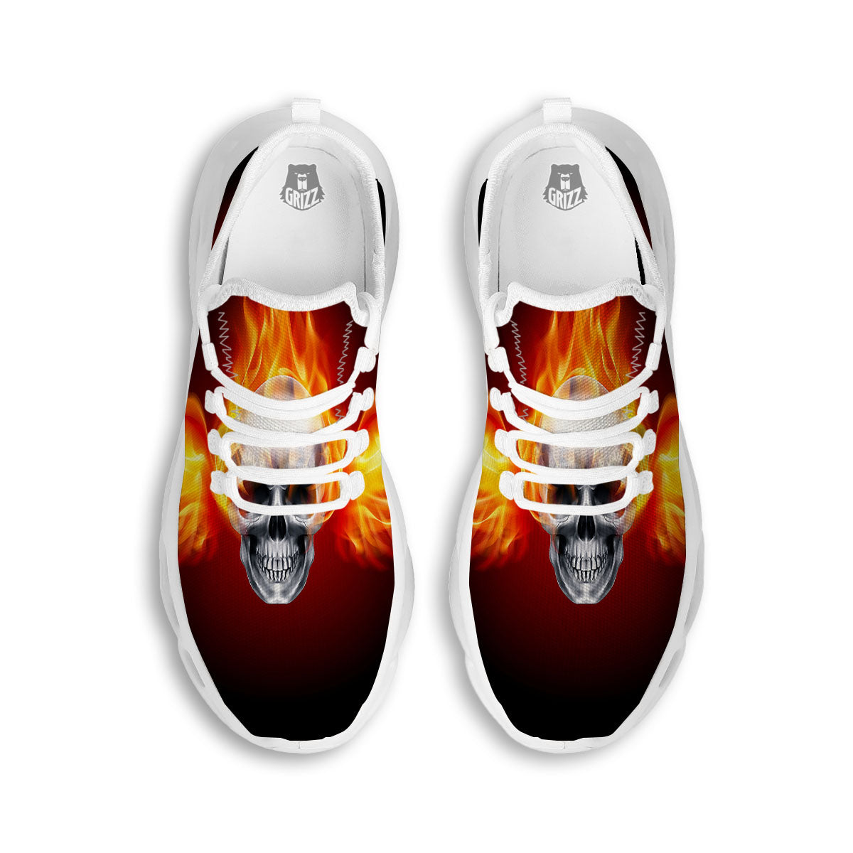Fire Wings With Flaming Skull Print White Running Shoes-grizzshop