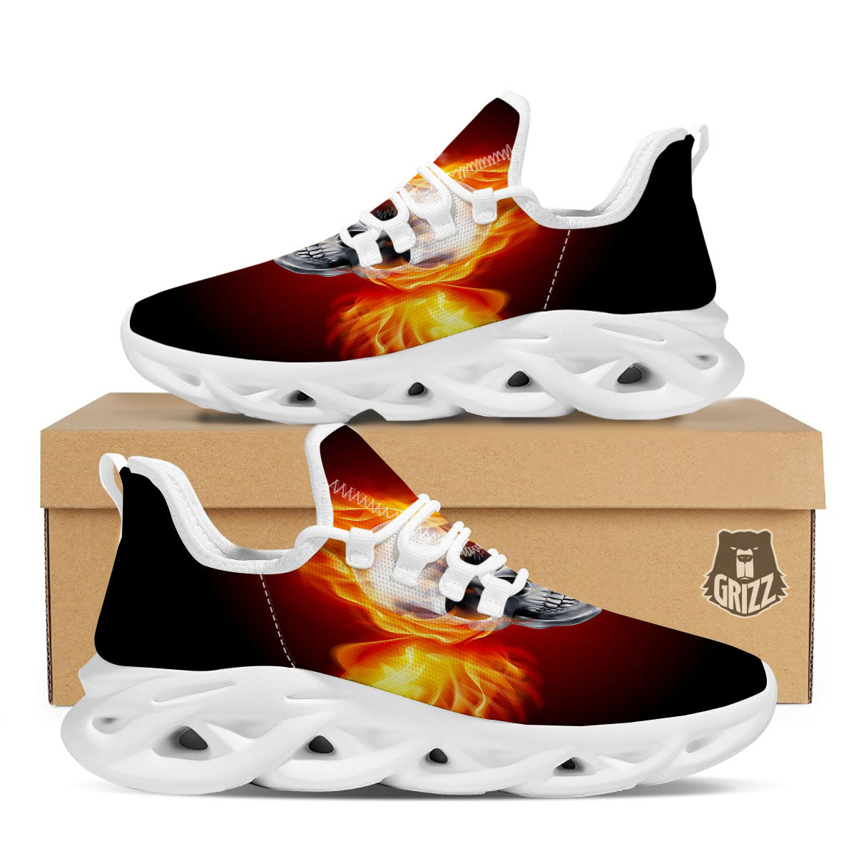 Fire Wings With Flaming Skull Print White Running Shoes-grizzshop
