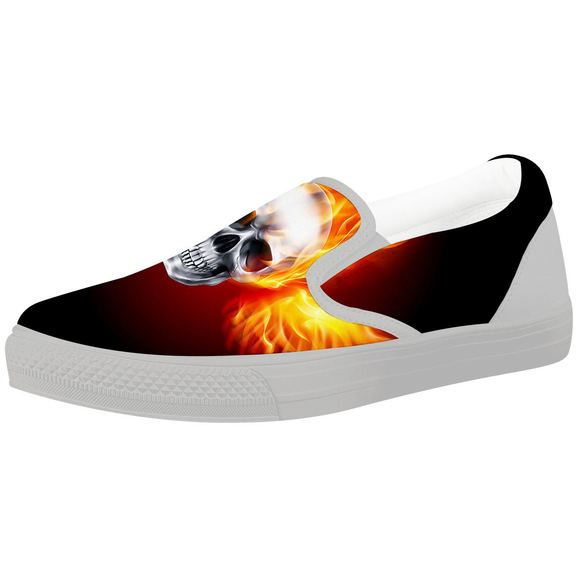 Fire Wings With Flaming Skull Print White Slip On Shoes-grizzshop