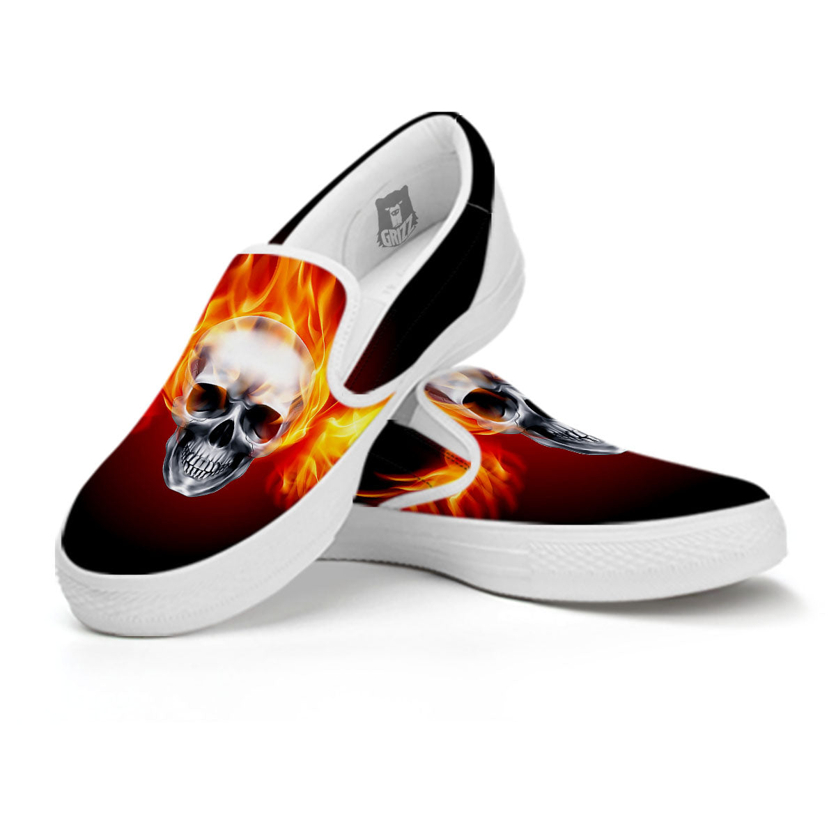 Fire Wings With Flaming Skull Print White Slip On Shoes-grizzshop