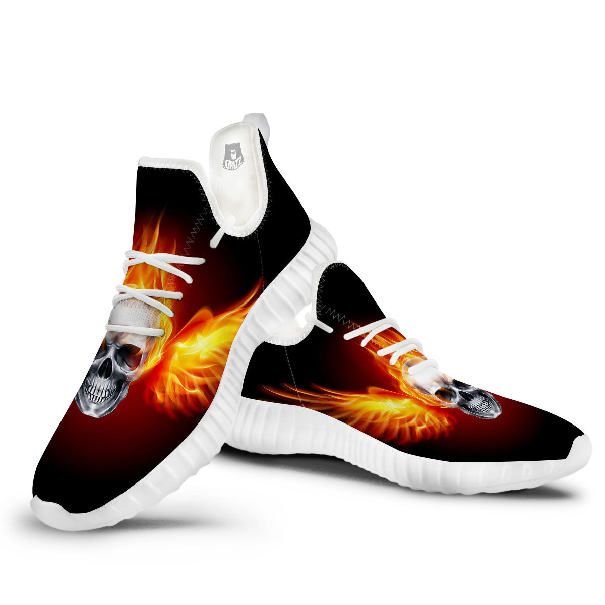 Fire Wings With Flaming Skull Print White Walking Shoes-grizzshop